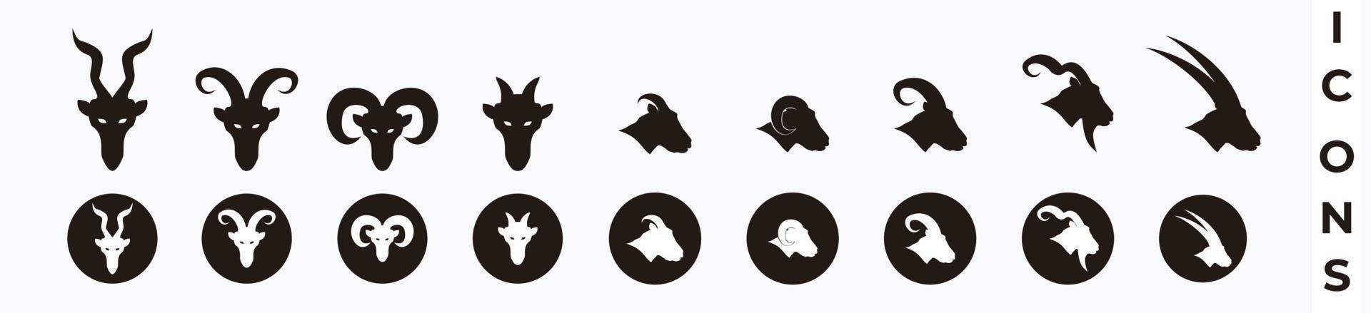 chèvre, mouton, agneau, jeu d'icônes de tête de chèvre à grande corne. Chèvre tête silhouette isolé sur blanc vecteur