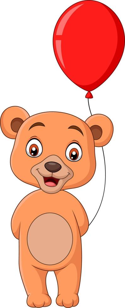 dessin animé petit ours tenant un ballon rouge vecteur