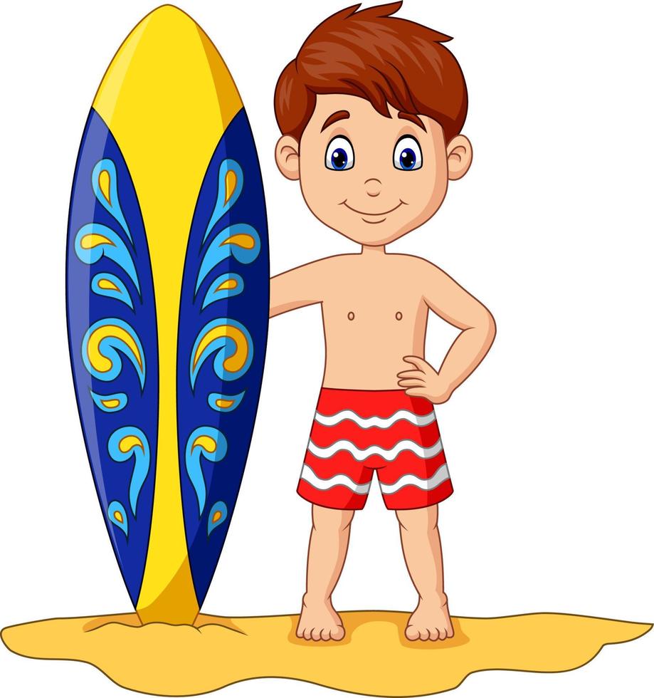 dessin animé petit enfant tenant une planche de surf vecteur