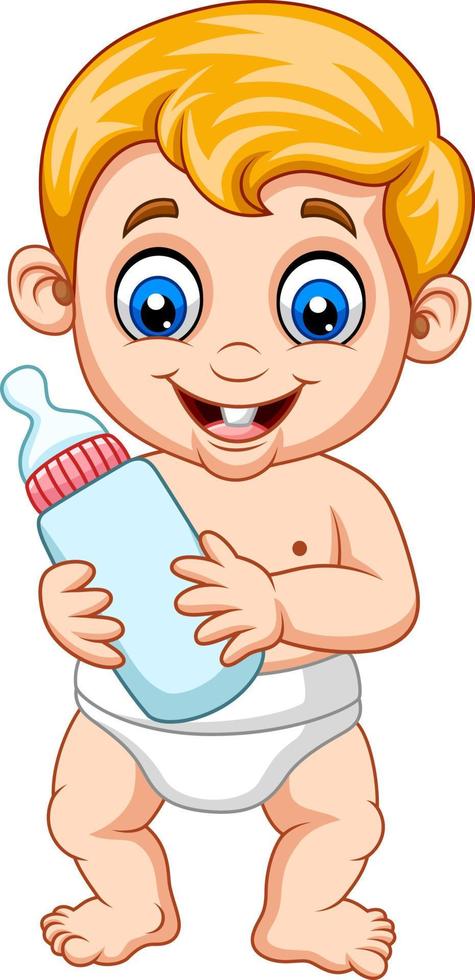 dessin animé bébé garçon tenant une bouteille de lait vecteur