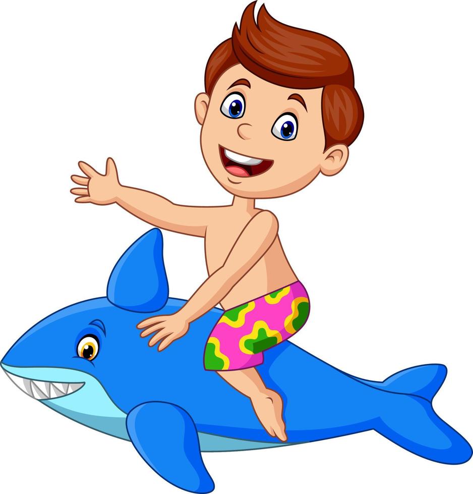 dessin animé petit garçon chevauchant un requin gonflable vecteur