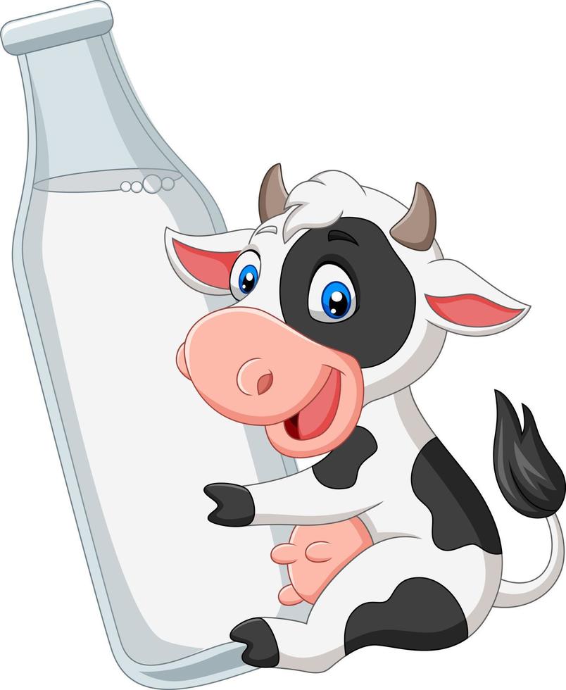 dessin animé bébé vache avec une bouteille de lait vecteur