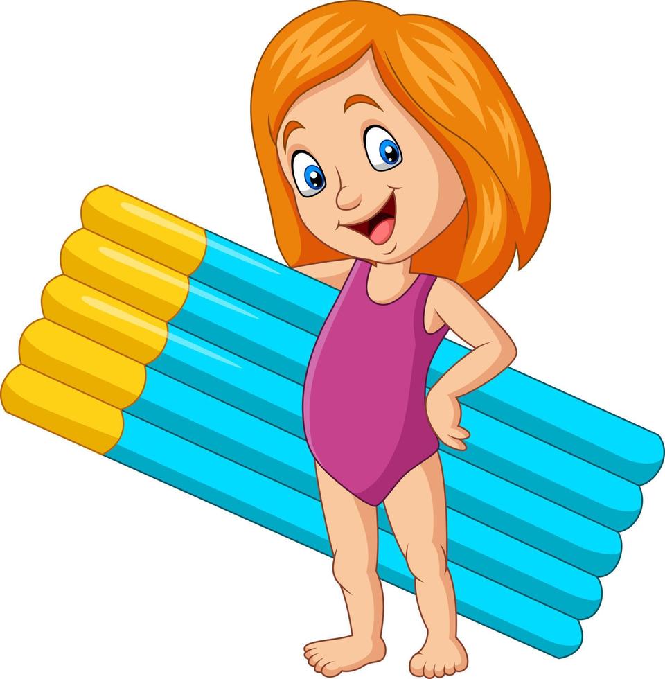 fille de dessin animé en maillot de bain tenant un matelas gonflable vecteur