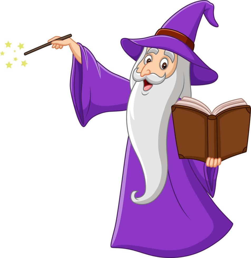 dessin animé vieux sorcier tenant un livre magique vecteur