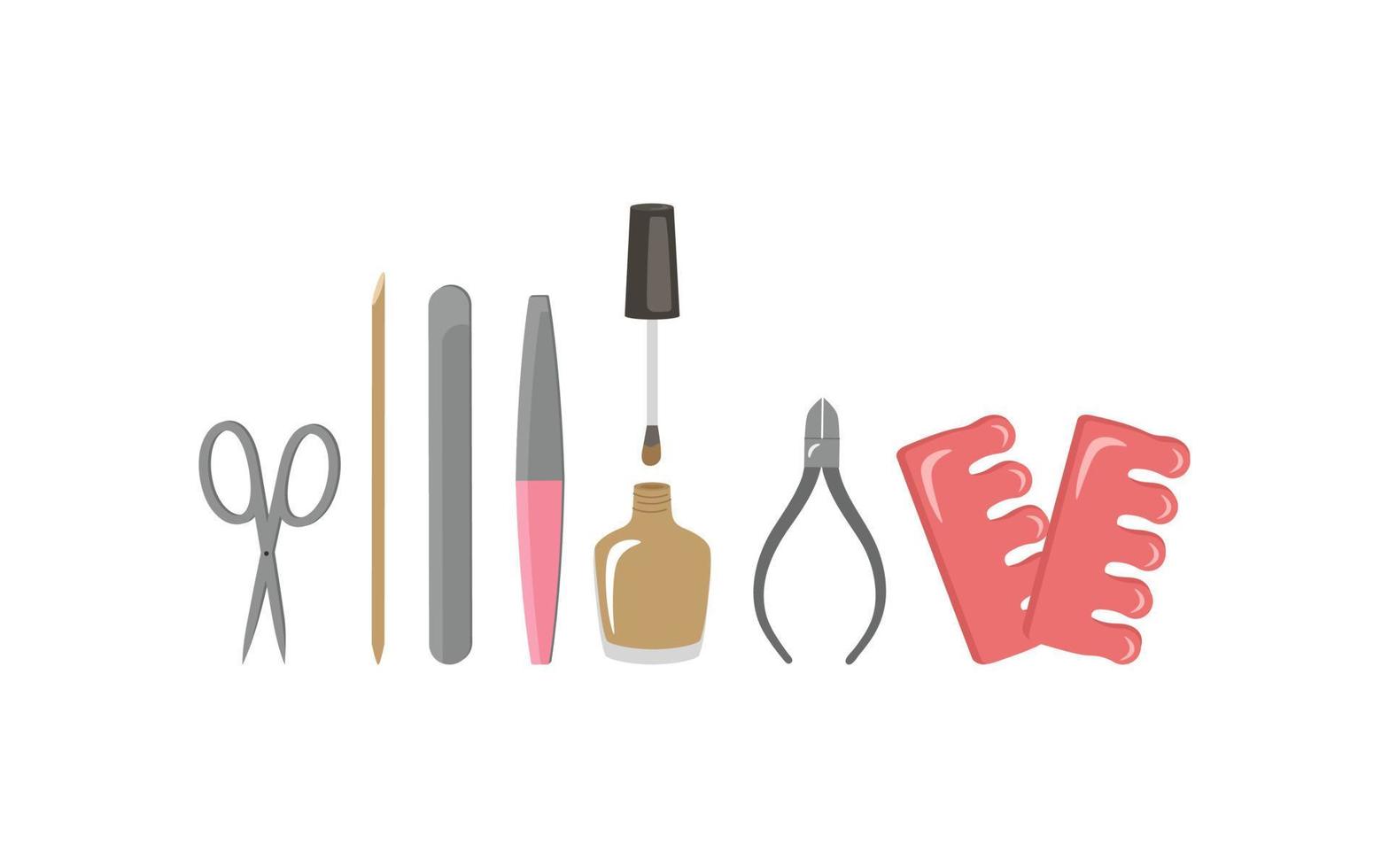 cosmétiques et outils de manucure. vernis à ongles, lime à ongles, ciseaux, pince coupante, bâtonnet de raisin. illustration vectorielle, pour un décor design. style plat dessiné à la main vecteur