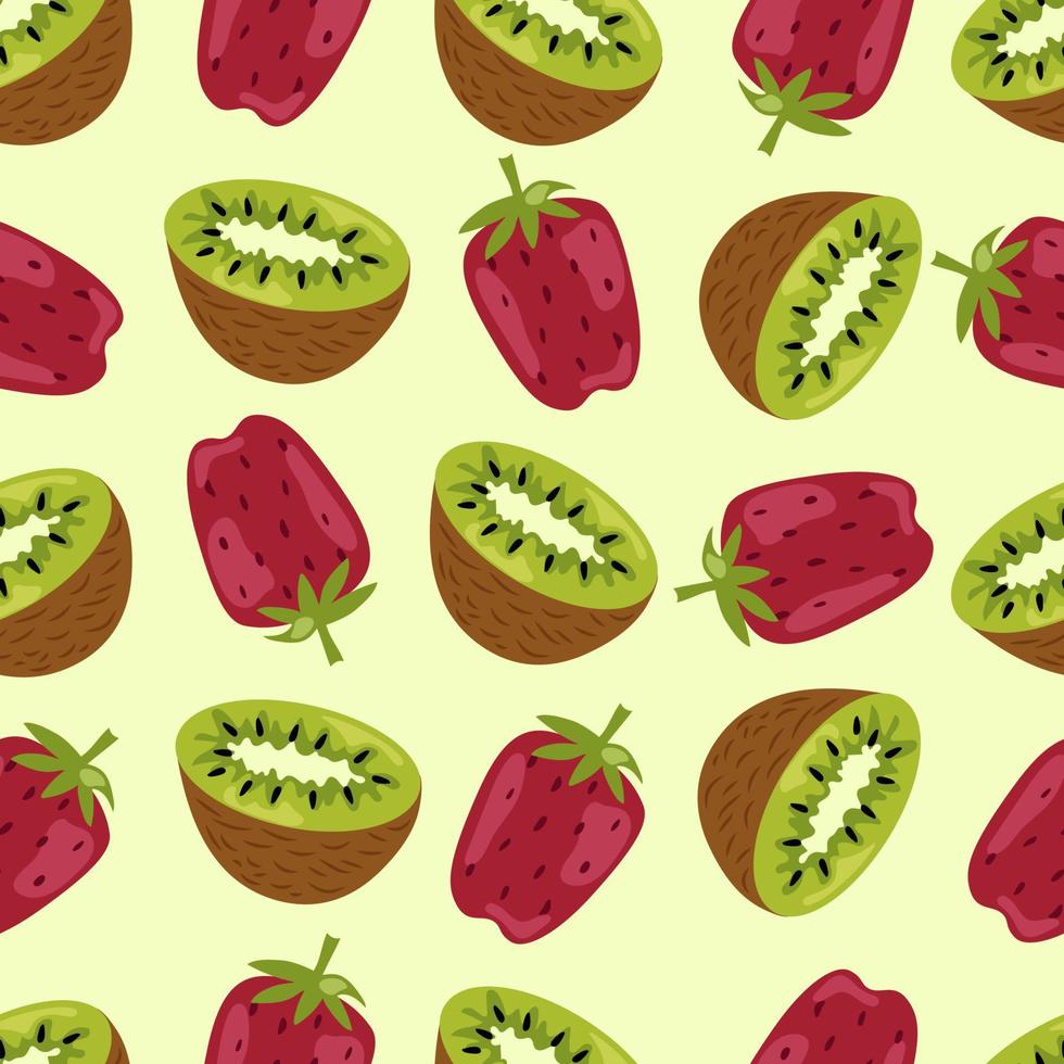 modèle sans couture avec des moitiés de kiwi et des fraises sur un fond vert clair. illustration vectorielle botanique pour l'impression sur vêtements, textiles, papier, tissu, emballage. vecteur