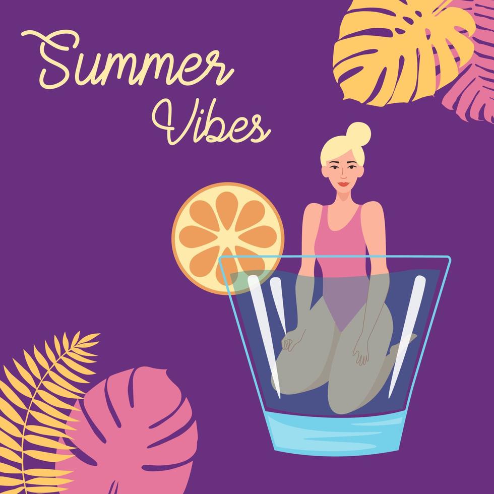 belle jeune femme est allongée dans un verre avec un cocktail. le concept des vacances d'été. illustration vectorielle de dessin animé plat. vecteur