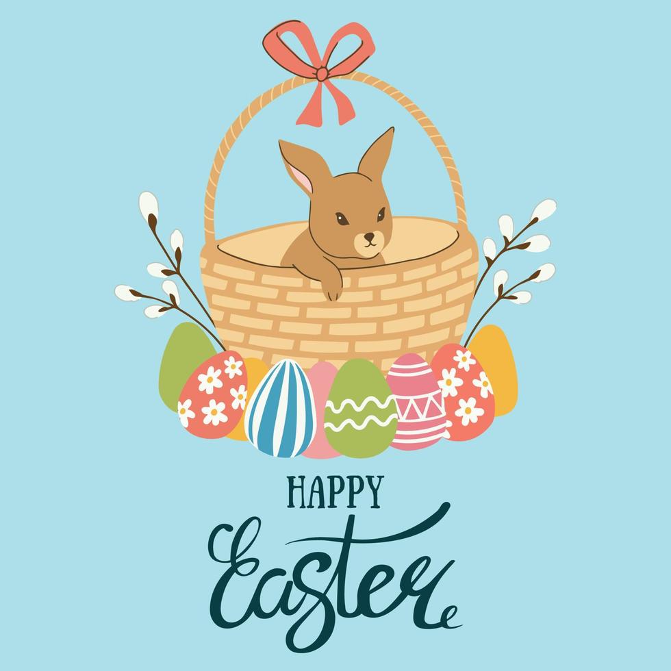 carte postale avec un lapin dans un panier aux couleurs délicates. illustration vectorielle avec l'inscription joyeuses pâques. vecteur