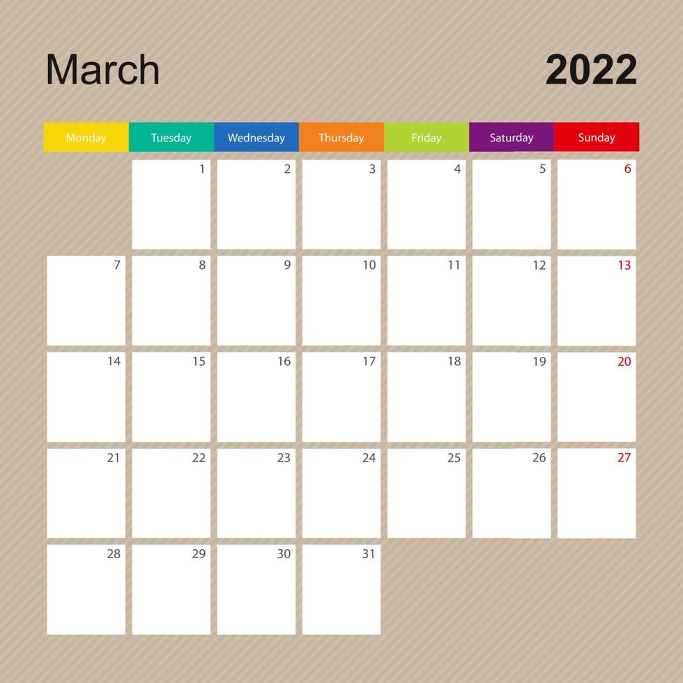 page de calendrier pour mars 2022, planificateur mural au design coloré. la semaine commence le lundi. vecteur