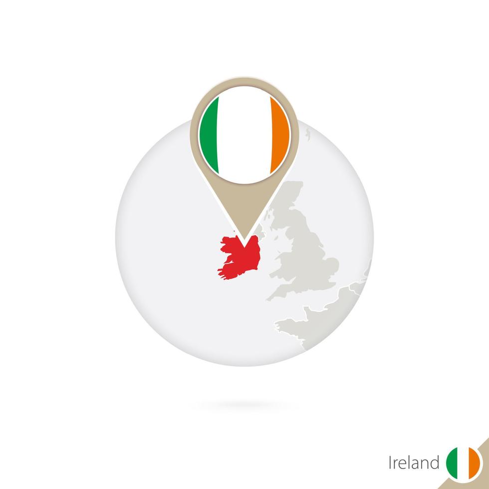 carte d'irlande et drapeau en cercle. carte de l'irlande, épinglette du drapeau de l'irlande. carte de l'irlande dans le style du globe. vecteur