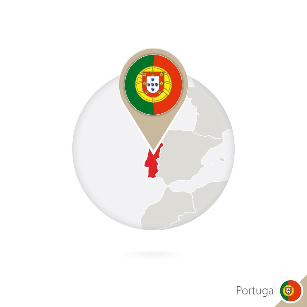 carte du portugal et drapeau en cercle. carte du portugal, épinglette du drapeau du portugal. carte du portugal dans le style du globe. vecteur