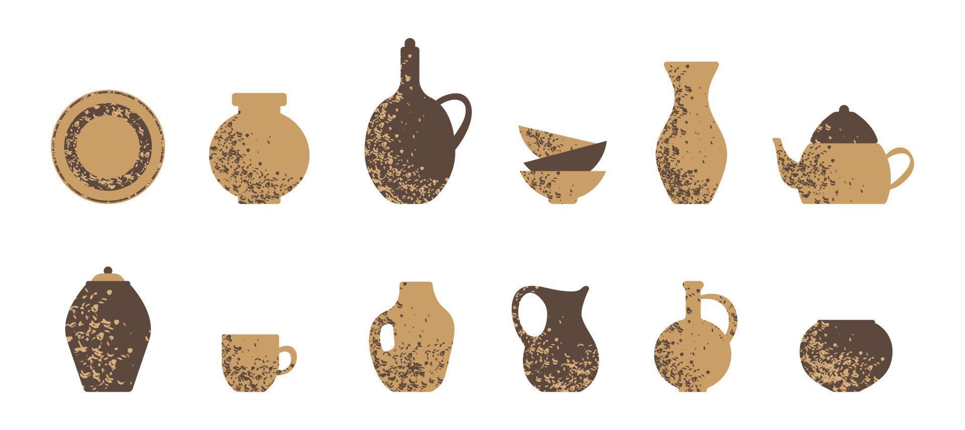 icônes vectorielles d'ustensiles en argile, ustensiles de cuisine en matériau écologique naturel. ensemble de vases, cruches en céramique, bols, pots, assiette, tasse et théière vecteur