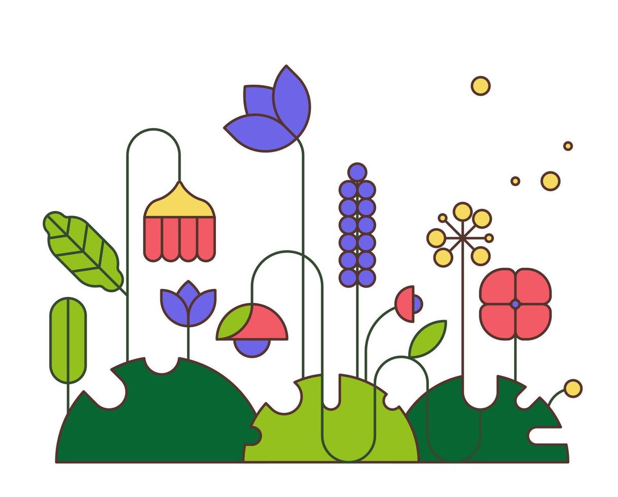 pré d'été avec des fleurs, illustration vectorielle plane. jolie carte avec des plantes à fleurs vecteur