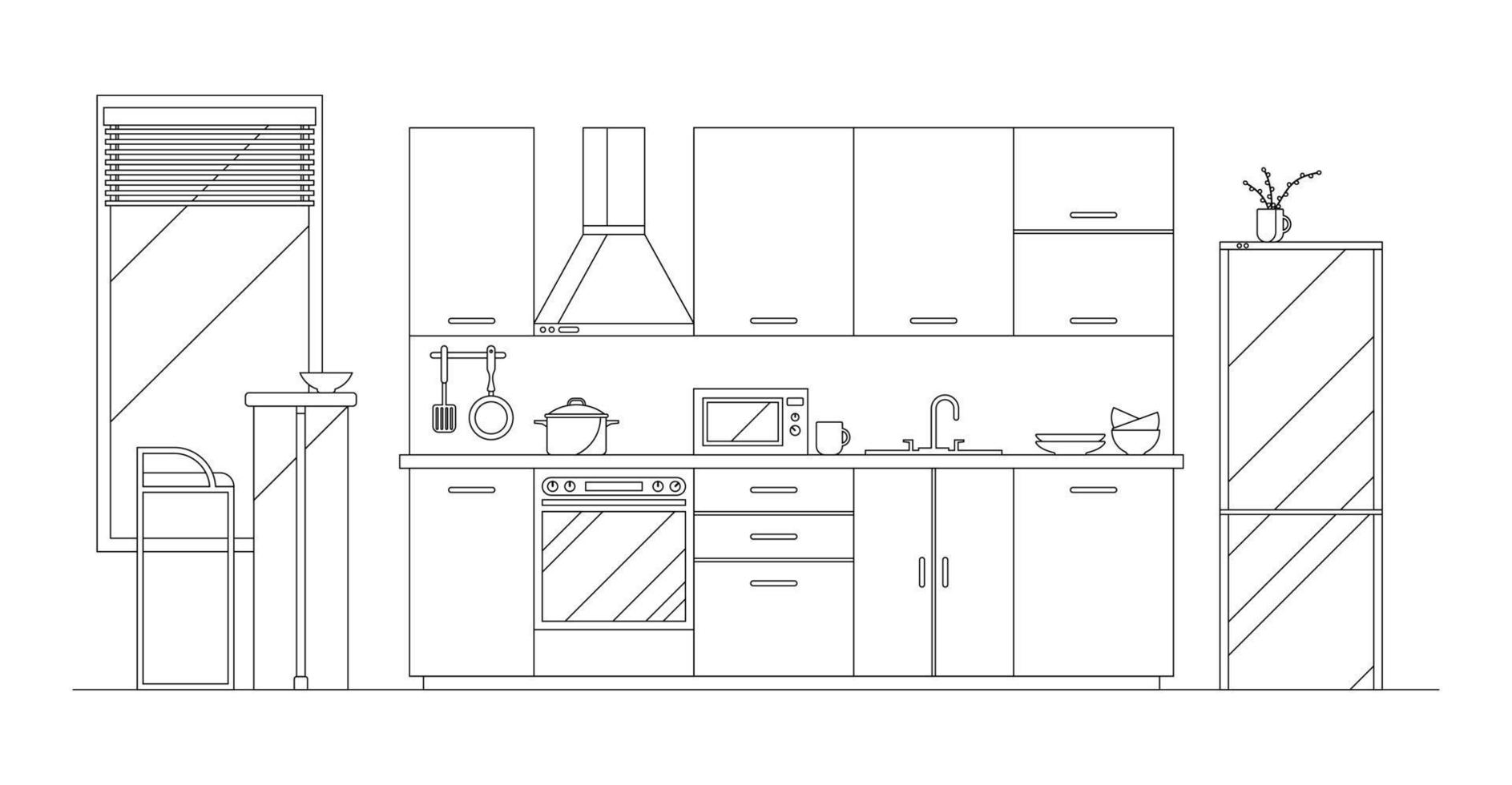 illustration vectorielle à plat, intérieur de cuisine moderne. meubles, ustensiles de cuisine et ustensiles. matériel de préparation des aliments, appareils électroménagers vecteur