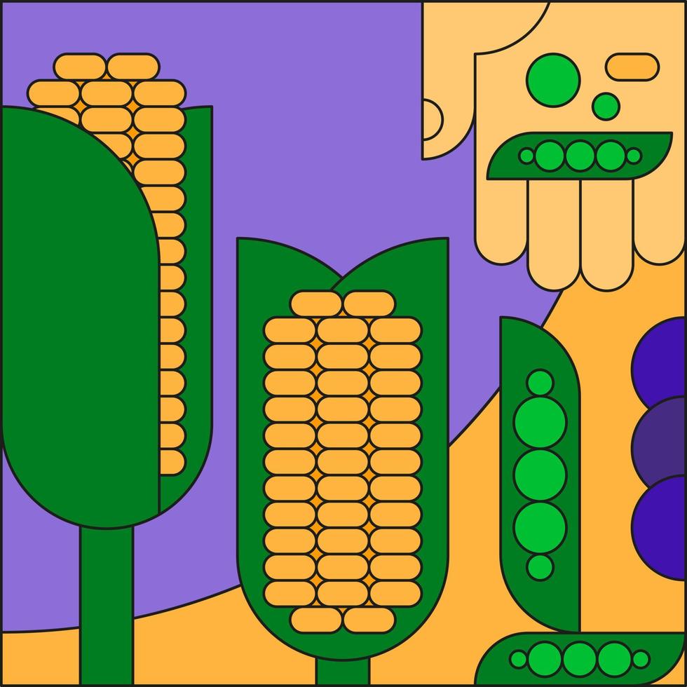 illustration vectorielle à plat sur le thème de l'agriculture, de la culture de légumes. symboles stylisés de maïs et de pois verts, icône pour l'agriculture. main tenant des fruits de légumineuses vecteur