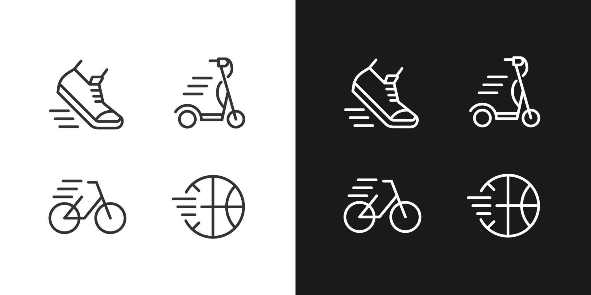 icônes linéaires parfaites de pixel d'activité sportive définies pour le mode sombre et clair. jouer au basket. faire du vélo. temps libre. symboles de ligne mince pour le thème nuit, jour. illustrations isolées. trait modifiable vecteur