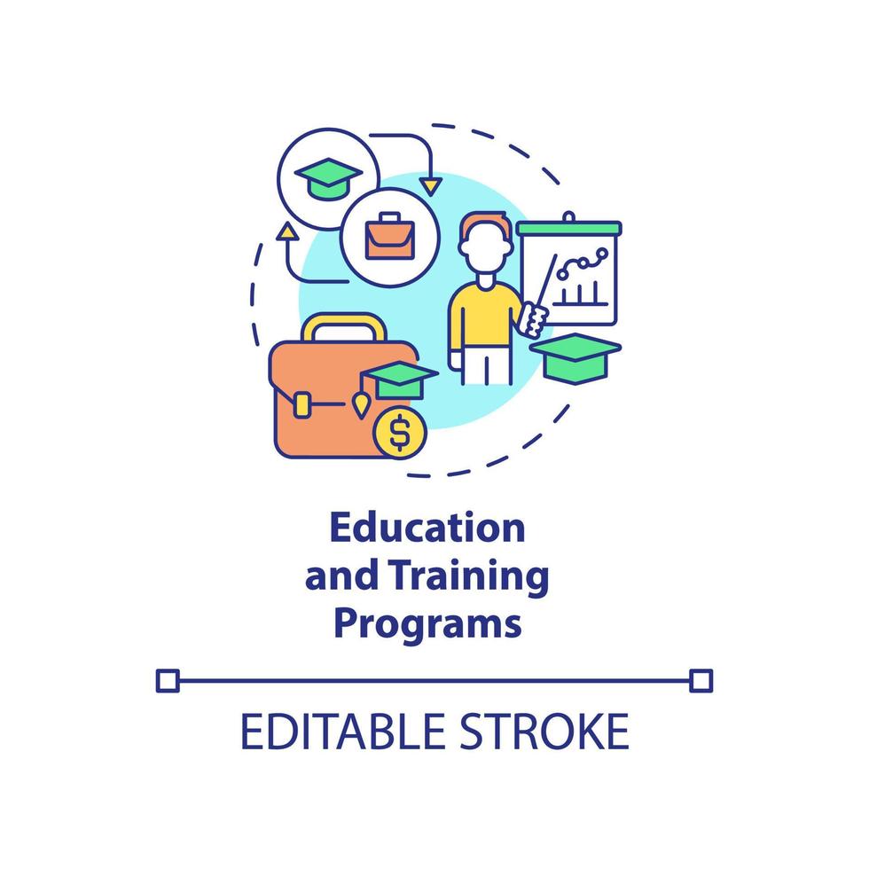 icône de concept de programmes d'éducation et de formation. soutien au développement des petites entreprises idée abstraite illustration en ligne mince. dessin de contour isolé. trait modifiable. vecteur