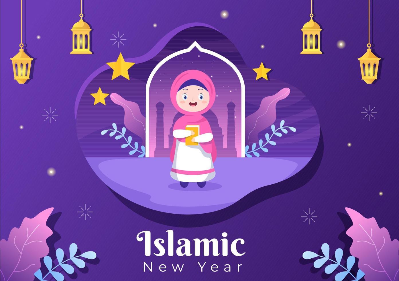 le jour du nouvel an islamique ou 1 muharram vector illustration de fond de famille musulmane célébrant peut être utilisé pour une carte de voeux ou une invitation