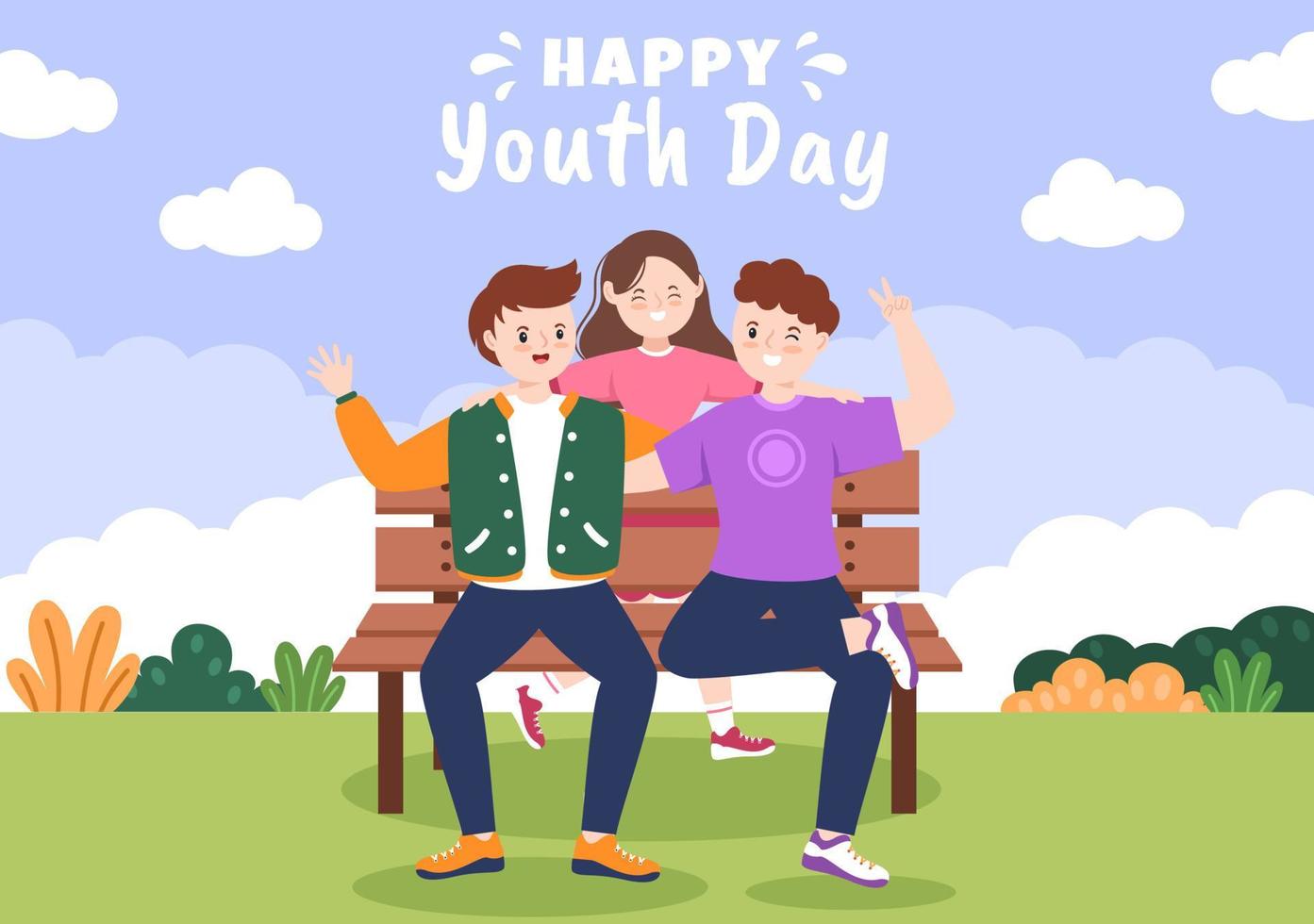 illustration de dessin animé mignon bonne journée internationale de la jeunesse avec de jeunes garçons et filles pour la campagne en arrière-plan de style plat vecteur