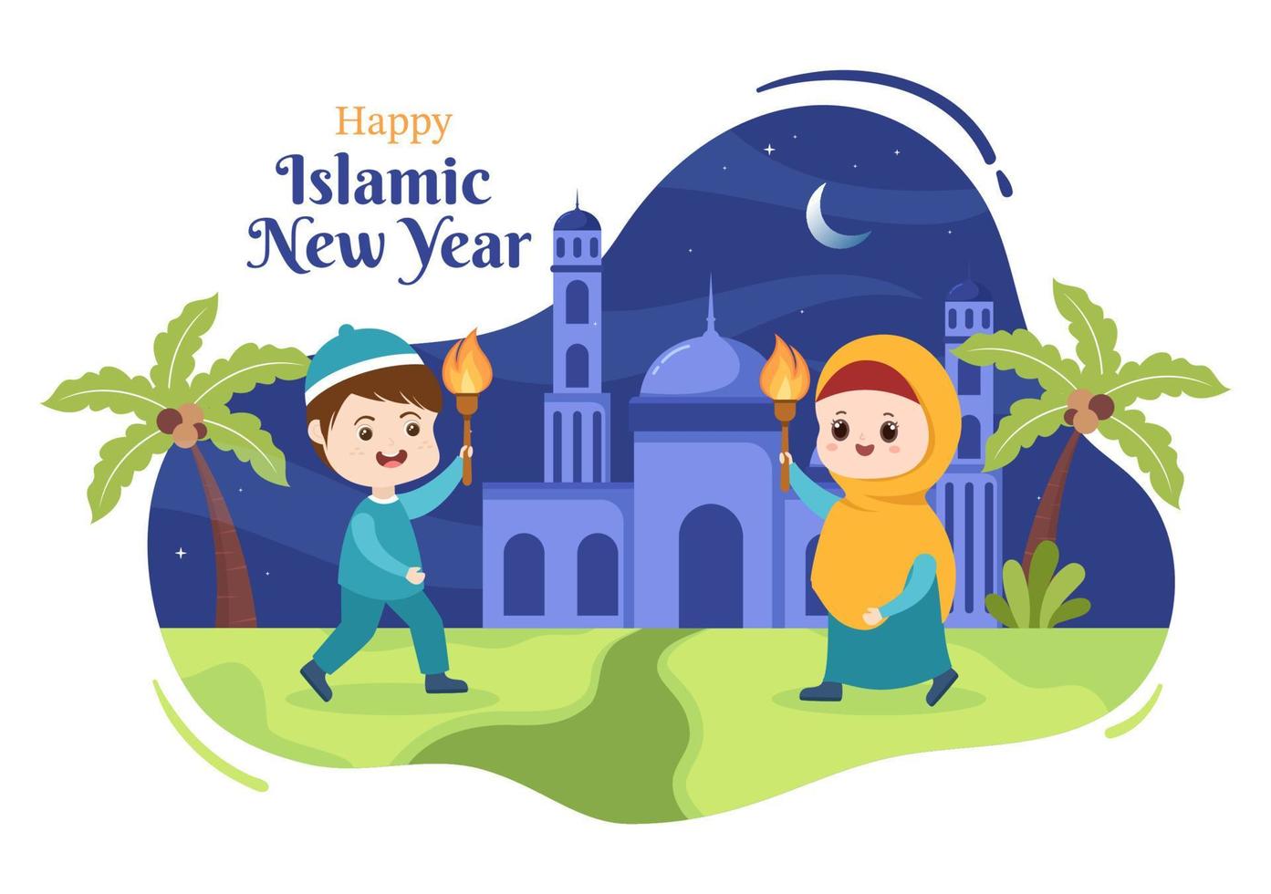 le jour du nouvel an islamique ou 1 muharram vector illustration de fond de famille musulmane célébrant peut être utilisé pour une carte de voeux ou une invitation