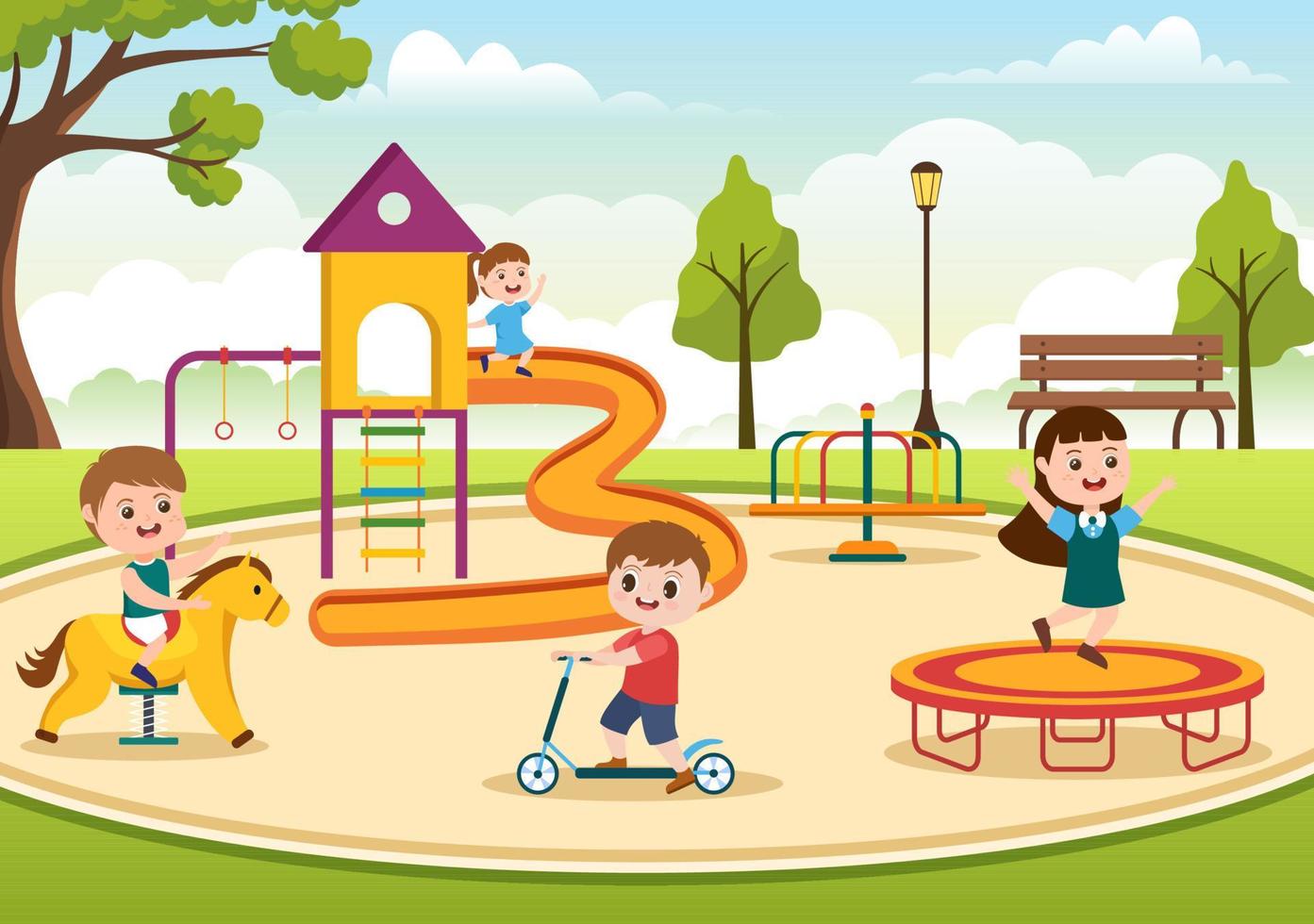 aire de jeux pour enfants avec balançoires, toboggan, échelles d'escalade et plus encore dans le parc d'attractions pour que les tout-petits puissent jouer en illustration de dessin animé plat vecteur