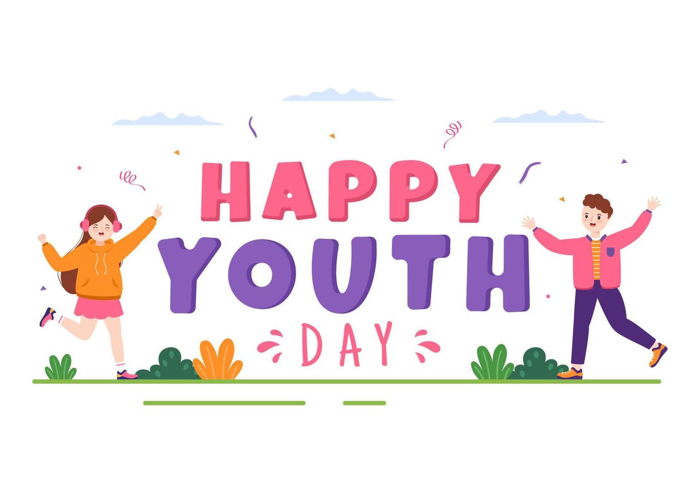 illustration de dessin animé mignon bonne journée internationale de la jeunesse avec de jeunes garçons et filles pour la campagne en arrière-plan de style plat vecteur