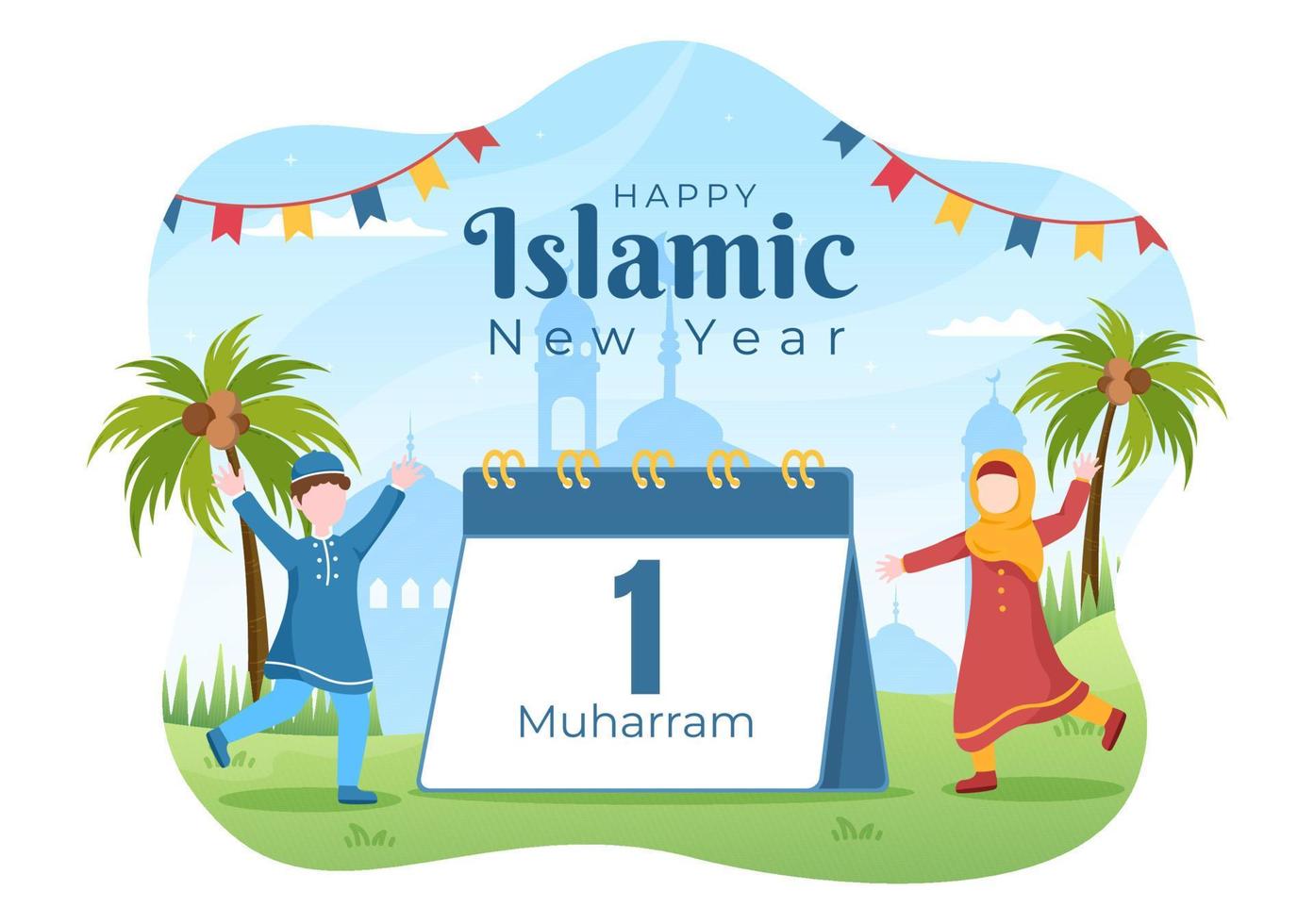 le jour du nouvel an islamique ou 1 muharram vector illustration de fond de famille musulmane célébrant peut être utilisé pour une carte de voeux ou une invitation