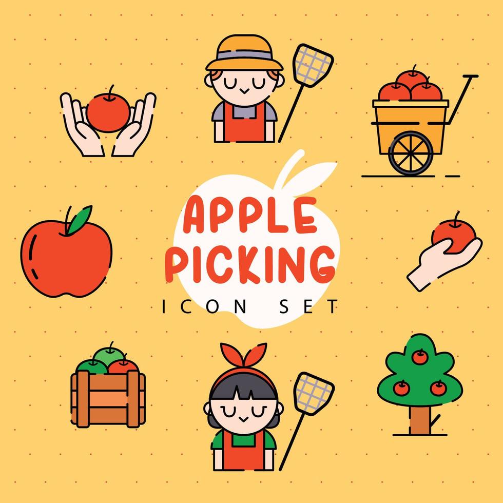 jeu d'icônes de cueillette de pommes vecteur