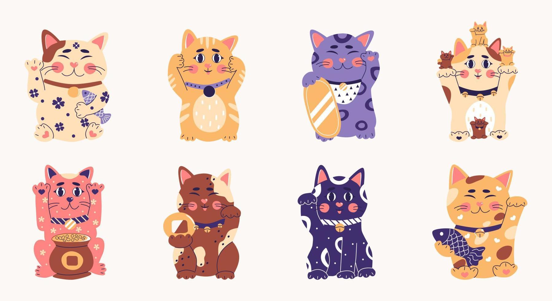ensemble de maneki neko, chat porte-bonheur japonais, symbole de fortune. personnage de chat mignon d'illustration vectorielle plat oriental. vecteur