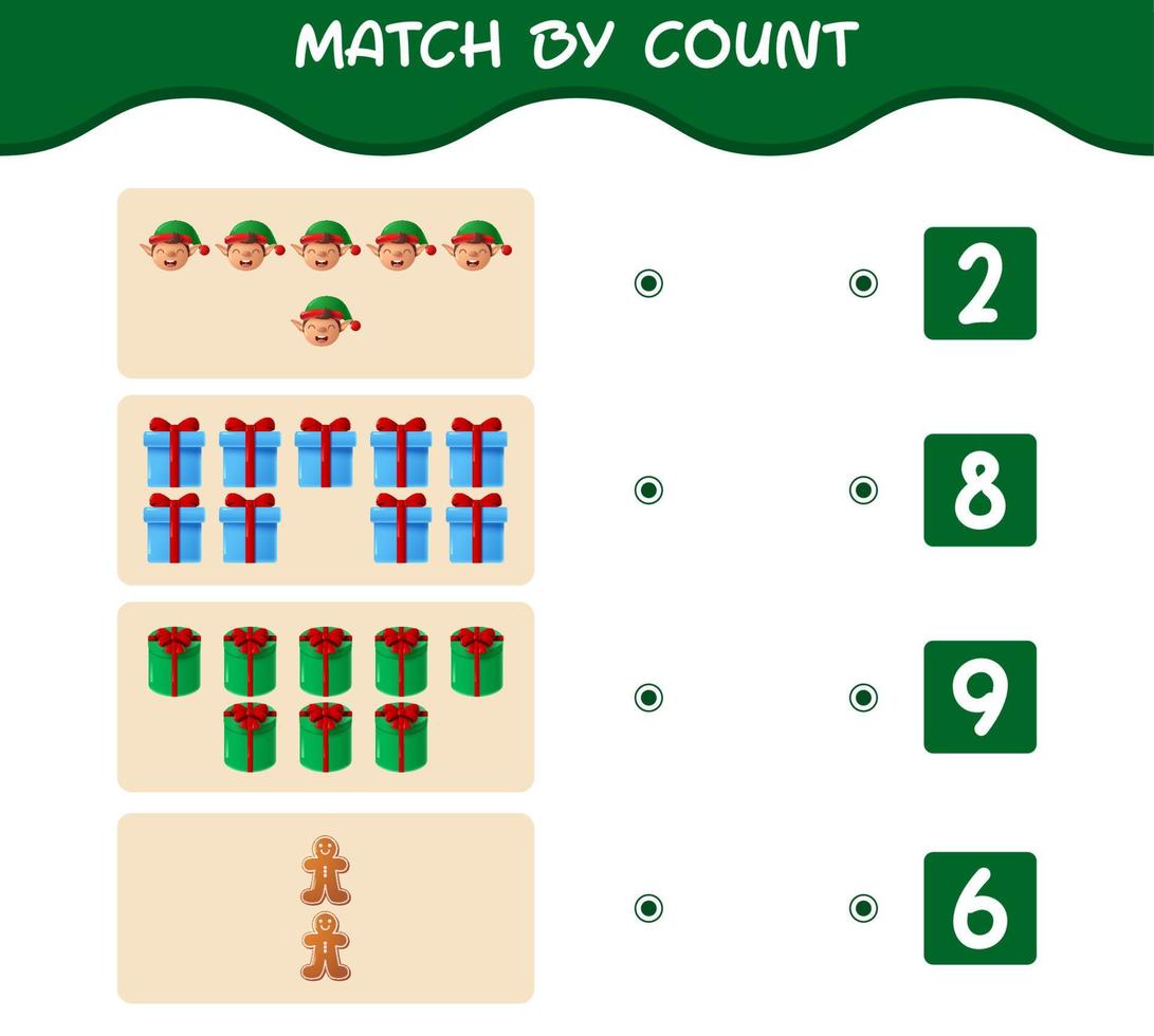 match par nombre de dessins animés de noël. . match et jeu de comptage. jeu éducatif pour les enfants d'âge préscolaire et les tout-petits vecteur