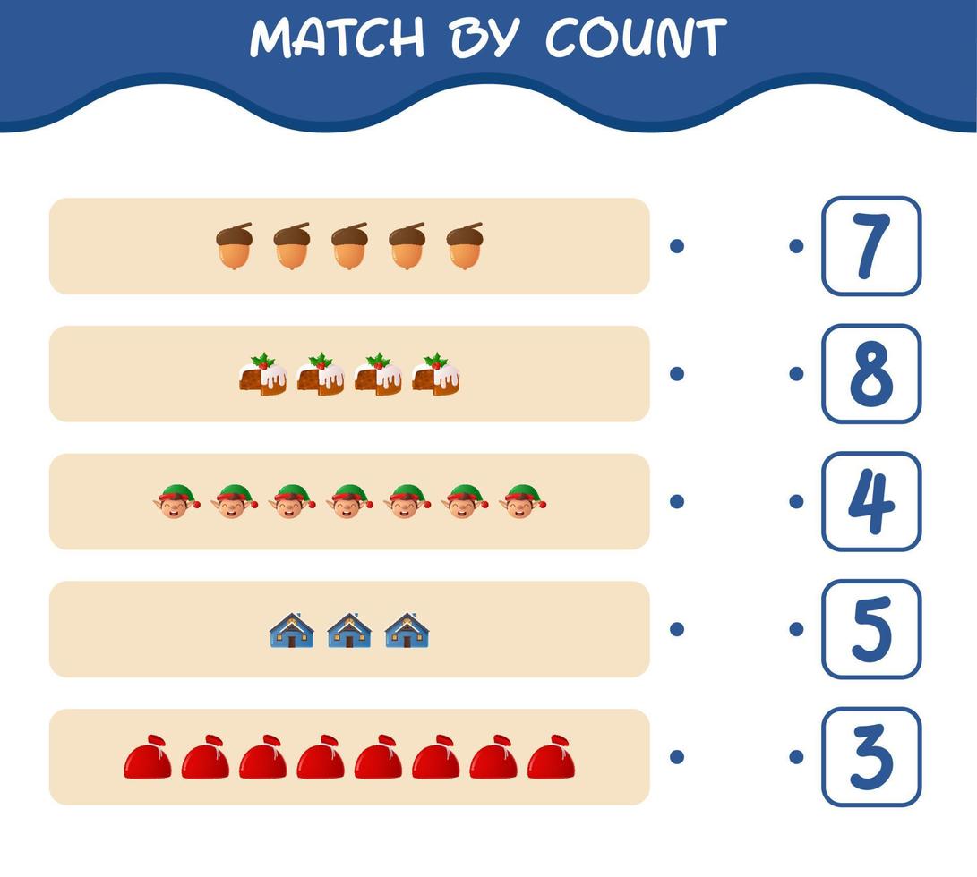 match par nombre de dessins animés de noël. . match et jeu de comptage. jeu éducatif pour les enfants d'âge préscolaire et les tout-petits vecteur