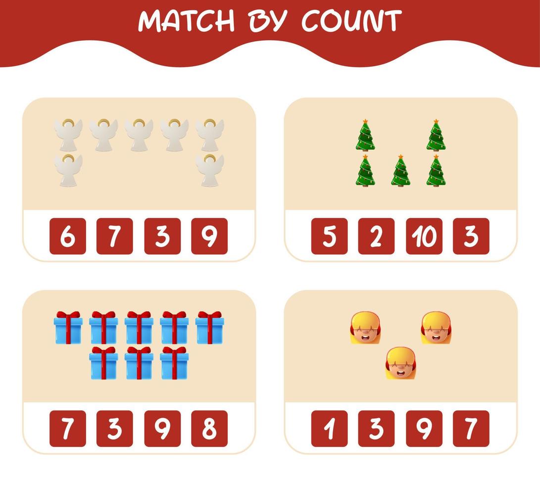 match par nombre de dessins animés de noël. . match et jeu de comptage. jeu éducatif pour les enfants d'âge préscolaire et les tout-petits vecteur