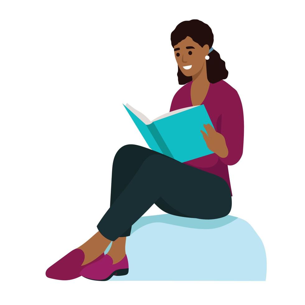 femme afro-américaine plate avec livre de lecture de vêtements à la maison. concept relax caractère étudiant, chambre, jour. illustration vectorielle. isolé sur fond blanc vecteur