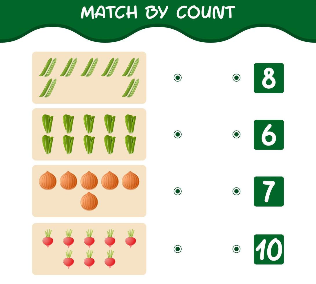 match par nombre de légumes de dessin animé. match et jeu de comptage. jeu éducatif pour les enfants d'âge préscolaire et les tout-petits vecteur