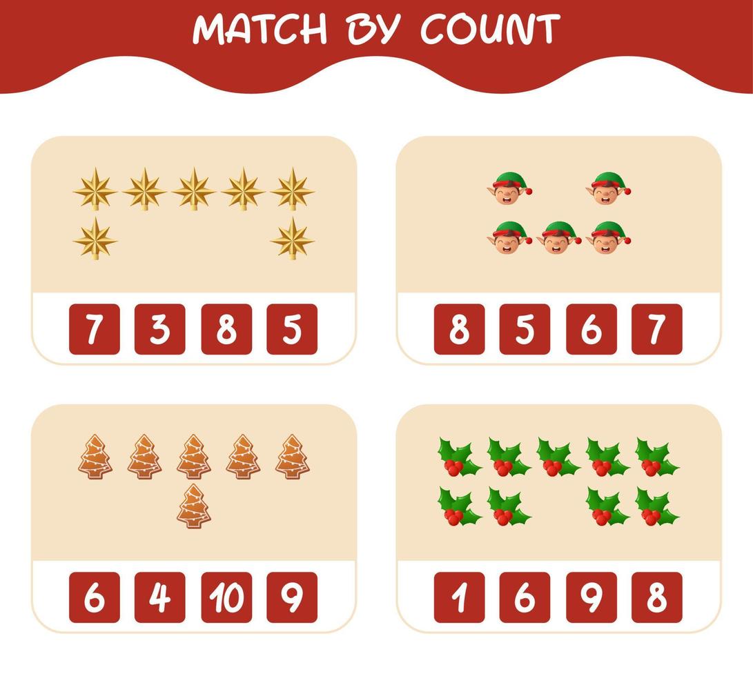 match par nombre de dessins animés de noël. . match et jeu de comptage. jeu éducatif pour les enfants d'âge préscolaire et les tout-petits vecteur