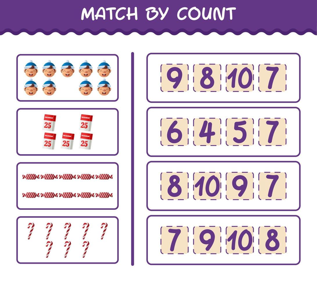 match par nombre de dessins animés de noël. . match et jeu de comptage. jeu éducatif pour les enfants d'âge préscolaire et les tout-petits vecteur