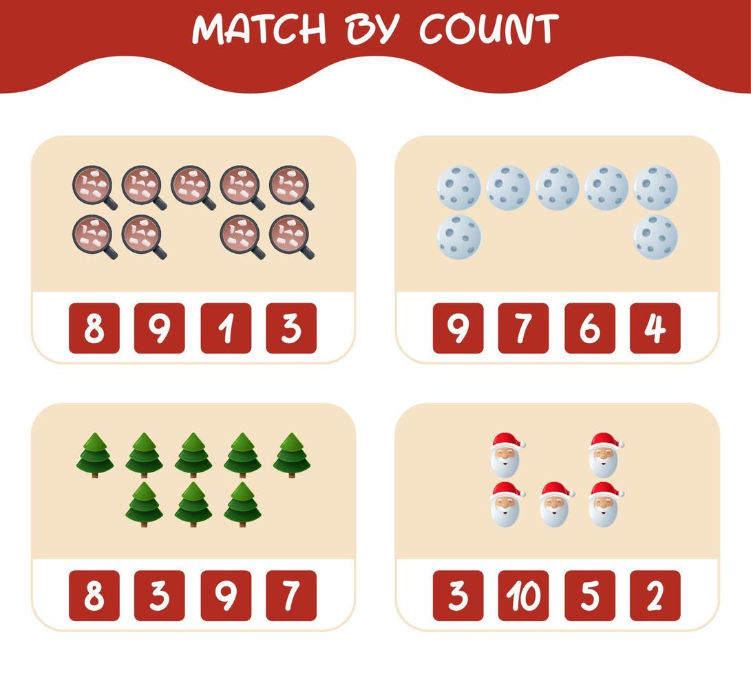 match par nombre de dessins animés de noël. . match et jeu de comptage. jeu éducatif pour les enfants d'âge préscolaire et les tout-petits vecteur