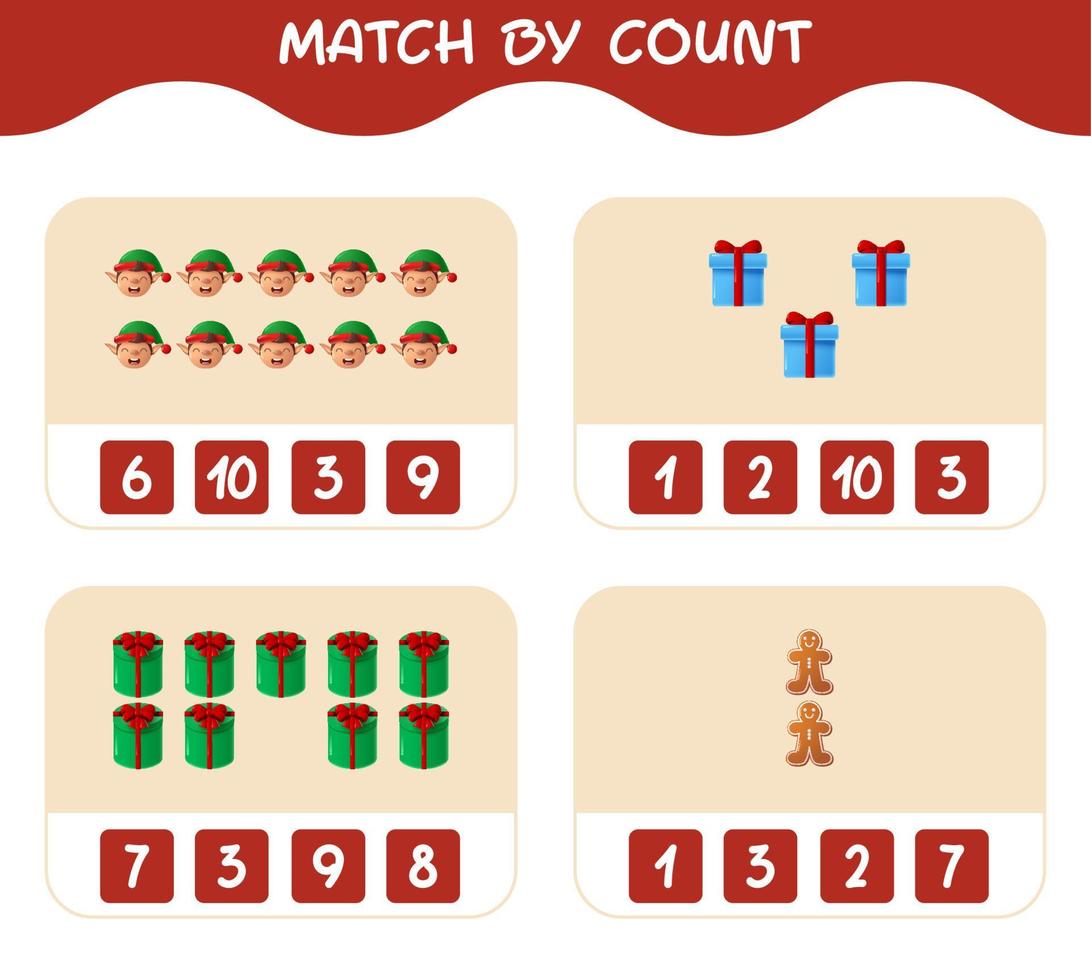 match par nombre de dessins animés de noël. . match et jeu de comptage. jeu éducatif pour les enfants d'âge préscolaire et les tout-petits vecteur