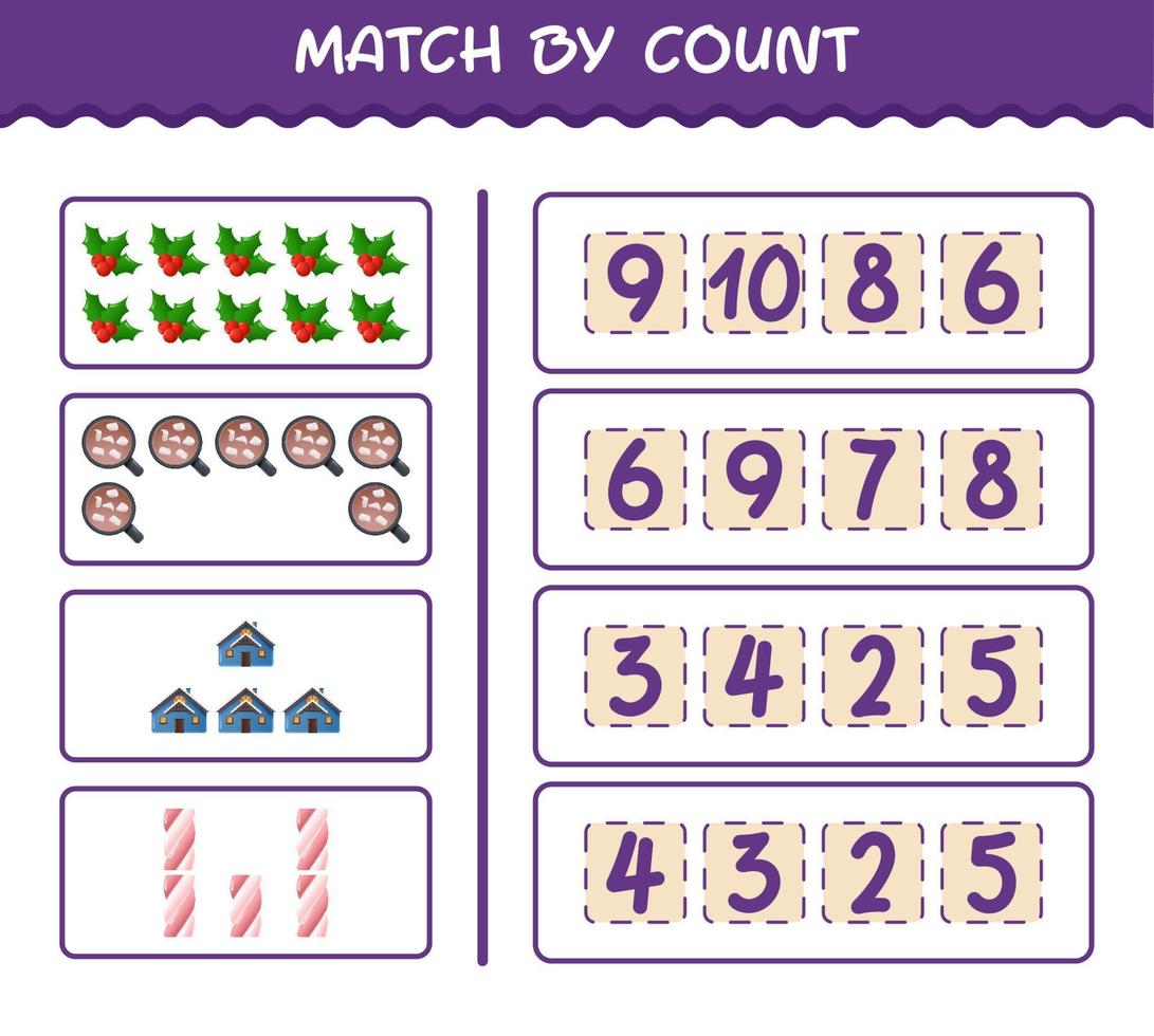 match par nombre de dessins animés de noël. . match et jeu de comptage. jeu éducatif pour les enfants d'âge préscolaire et les tout-petits vecteur