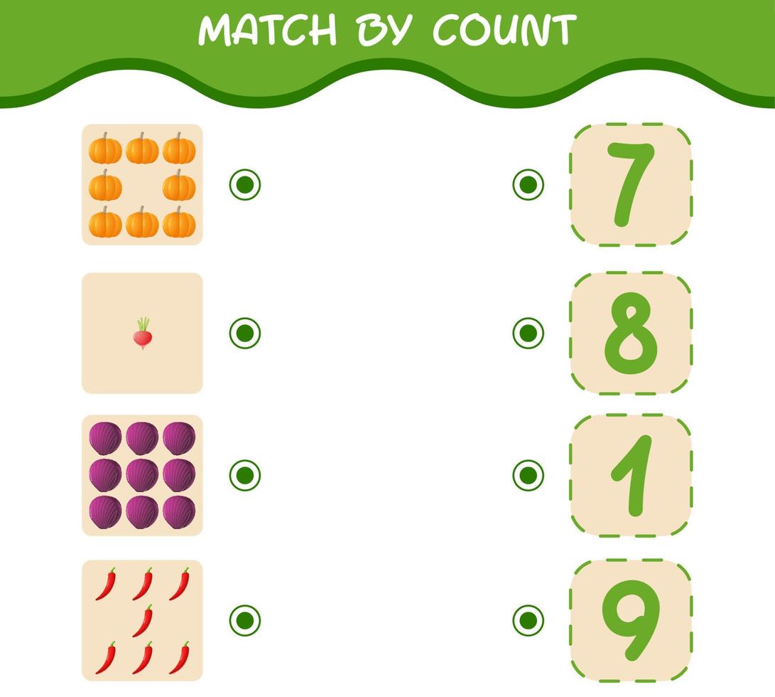 match par nombre de légumes de dessin animé. match et jeu de comptage. jeu éducatif pour les enfants d'âge préscolaire et les tout-petits vecteur
