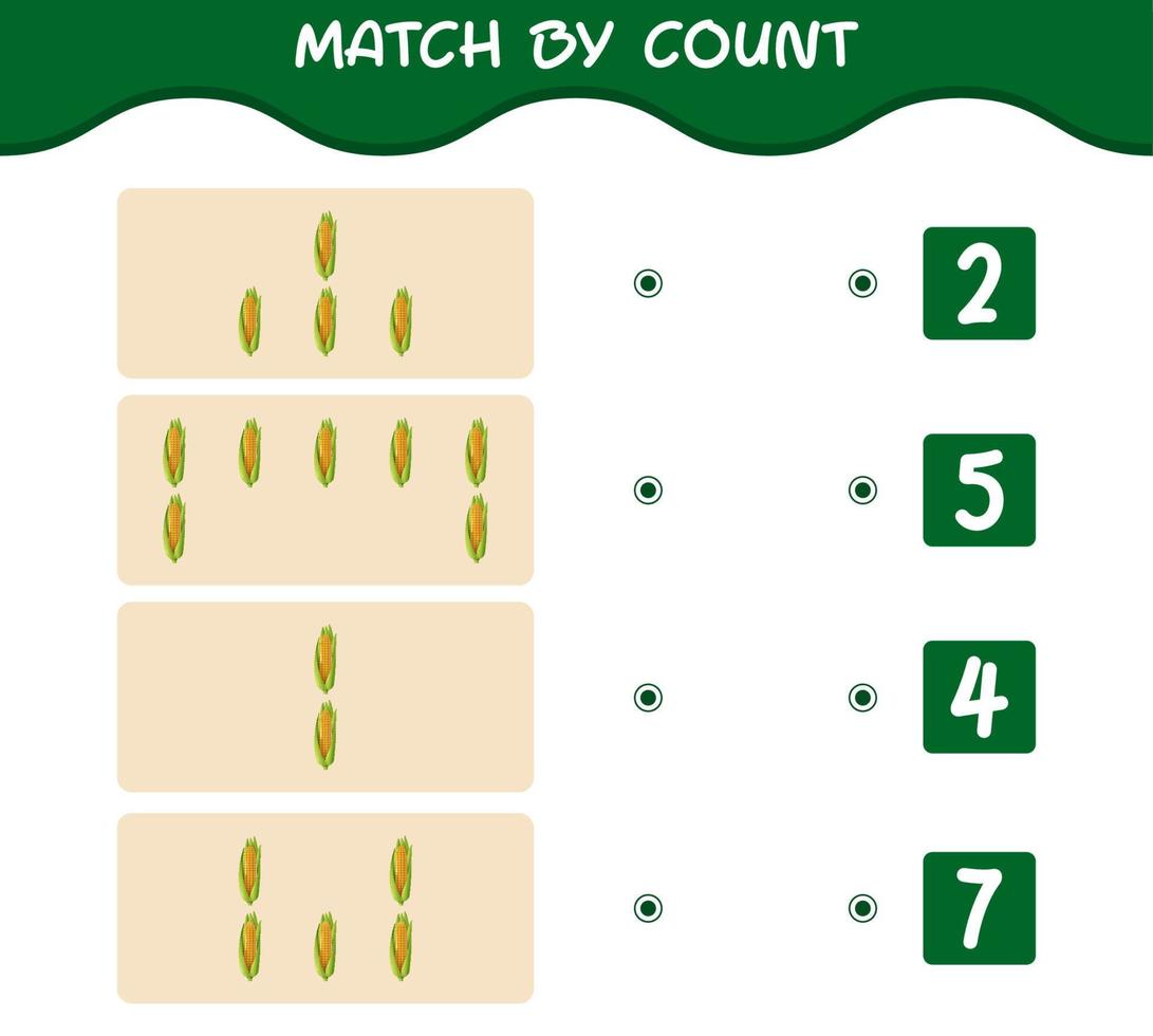 match par nombre de maïs de dessin animé. match et jeu de comptage. jeu éducatif pour les enfants d'âge préscolaire et les tout-petits vecteur