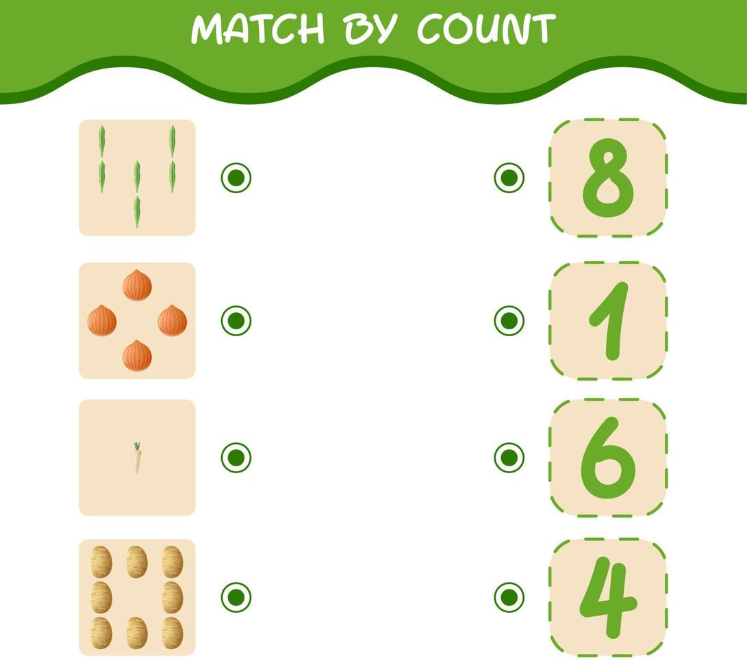 match par nombre de légumes de dessin animé. match et jeu de comptage. jeu éducatif pour les enfants d'âge préscolaire et les tout-petits vecteur