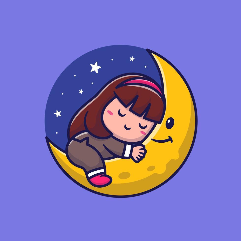 jolie fille dormant sur l'illustration d'icône de vecteur de dessin animé de lune. nature personnes icône concept isolé vecteur premium. style de dessin animé plat