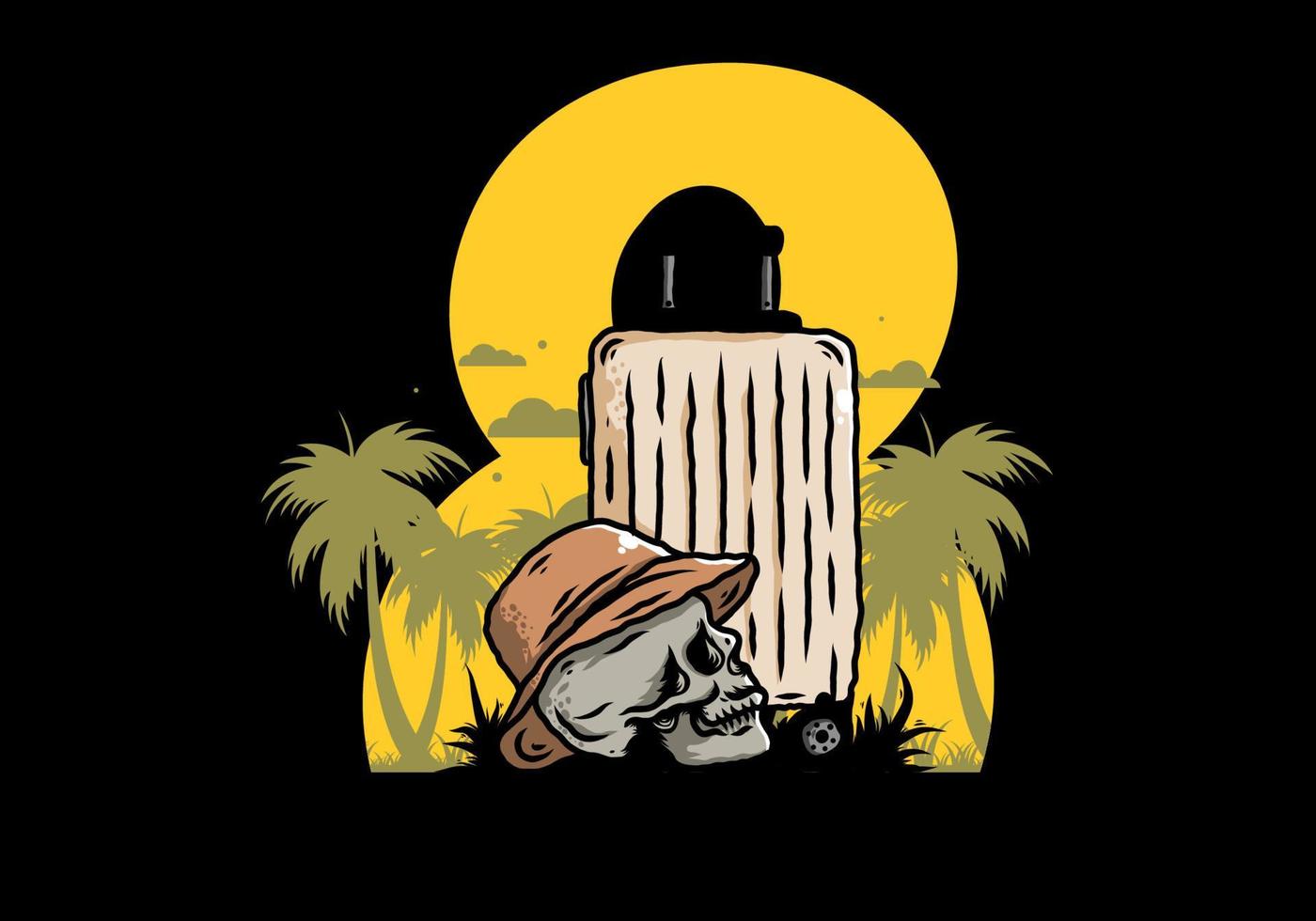 tête de mort portant un chapeau sous une illustration de valise de voyage vecteur