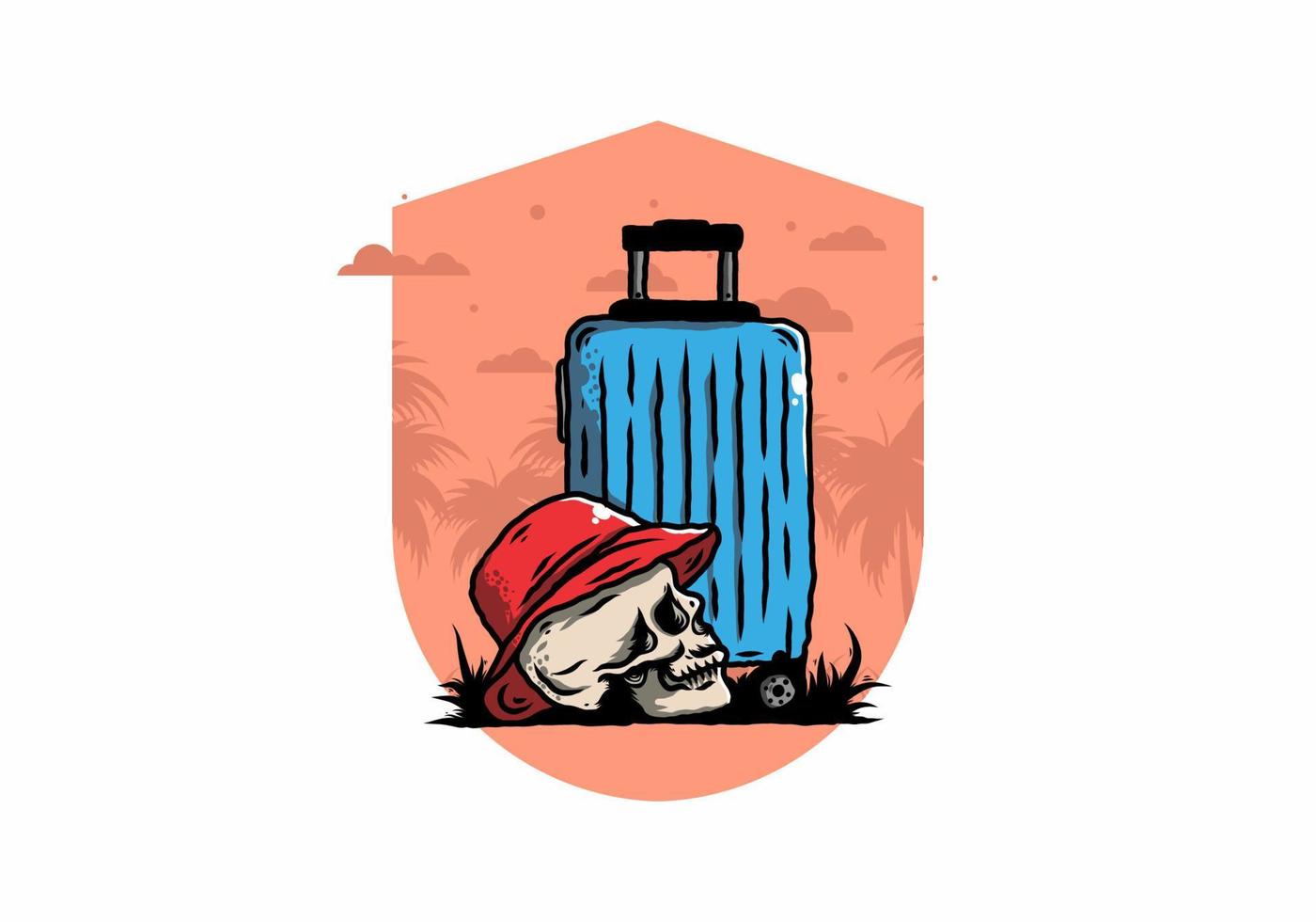 tête de mort portant un chapeau sous une illustration de valise de voyage vecteur