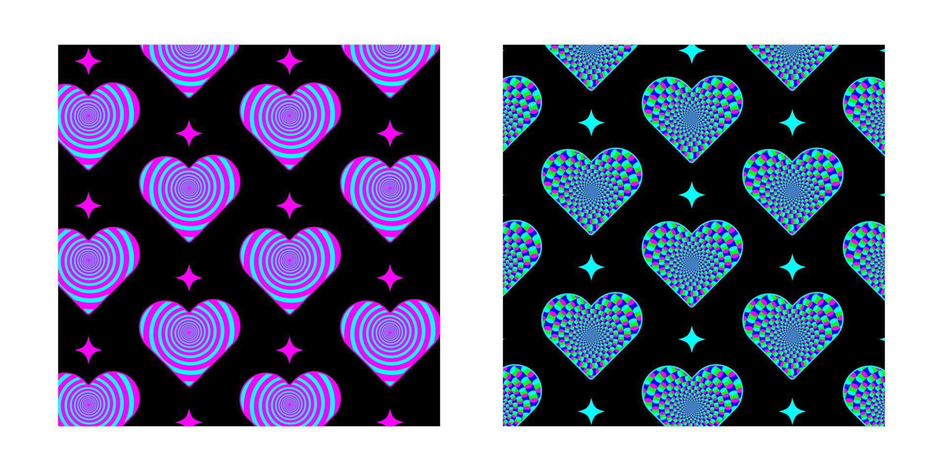 coeur de motif trippy psychédélique acide. impression rétro pour t-shirt graphique dans le style y2k. ensemble de bannière esthétique coeur rose vecteur