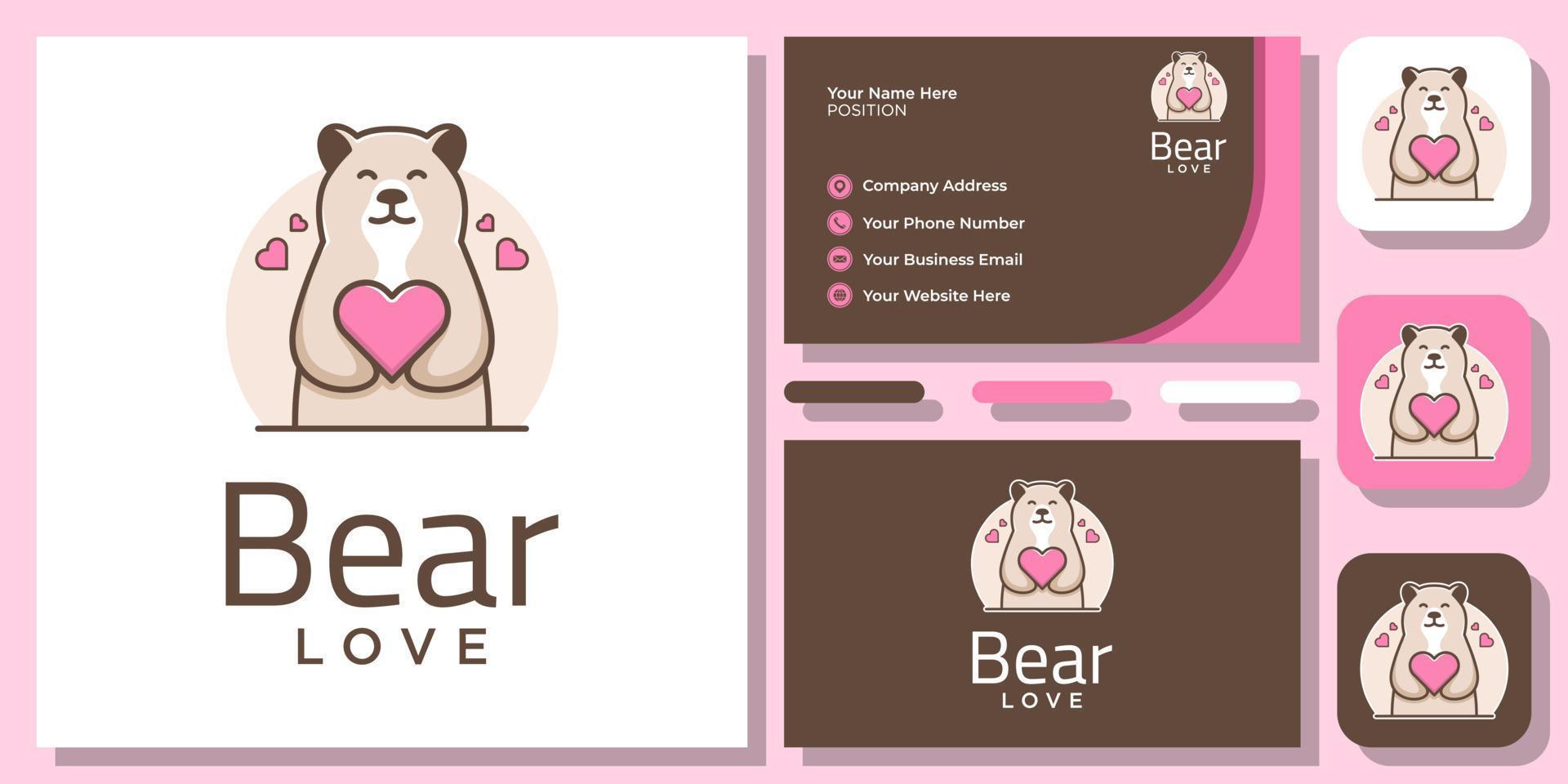 ours mignon amour dessin animé plat illustration faune création de logo drôle avec modèle de carte de visite vecteur