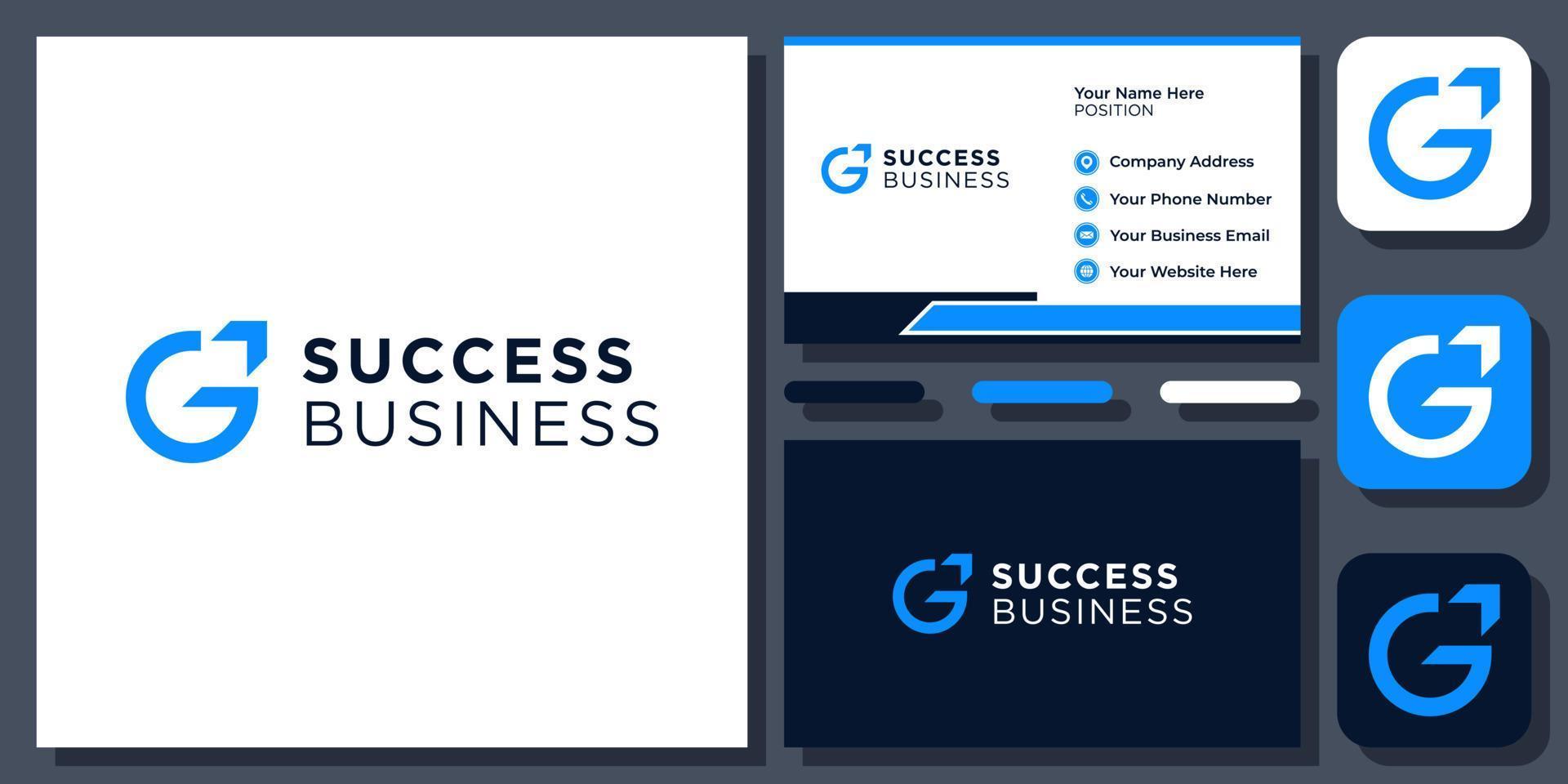 lettre initiale g flèche succès démarrage entreprise croissance rapide création de logo vectoriel avec carte de visite