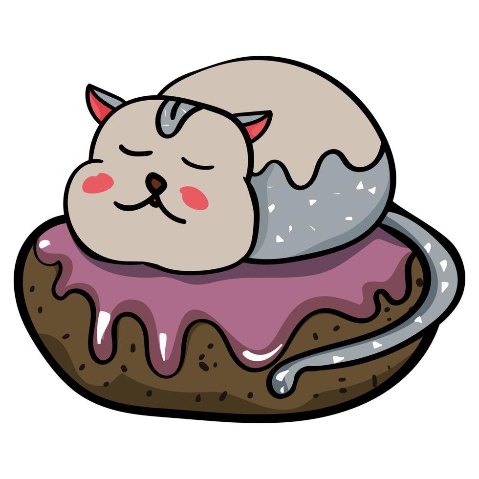 gâteau de dessin animé sur lequel le chat dort vecteur