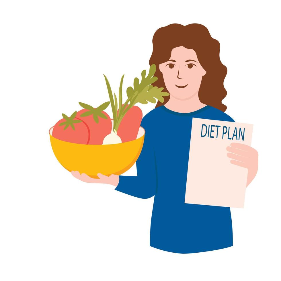 illustration de stock de vecteur de nutritionniste. une femme médecin tient un régime alimentaire et une assiette de légumes à la main. isolé sur fond blanc.
